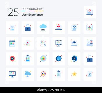 User Experience 25 Flat Color icon pack including view. eye. cloud. document view. rocket Stock Vector
