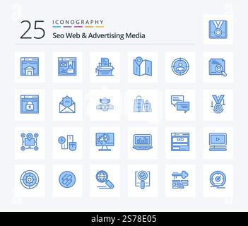 Seo Web And Advertising Media 25 Blue Color icon pack including location. location. design. map. document Stock Vector