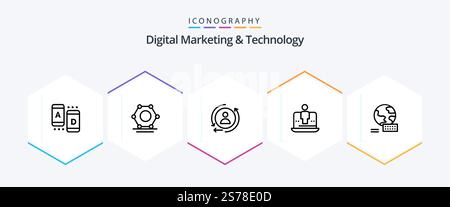 Digital Marketing And Technology 25 Line icon pack including marketing. world. marketing. marketing. laptop Stock Vector