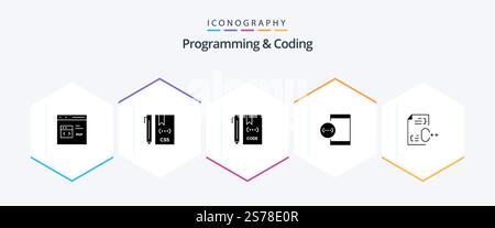 Programming And Coding 25 Glyph icon pack including develop. app. develop. file. develop Stock Vector
