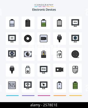 Creative Devices 25 Line FIlled icon pack  Such As devices. video. tv. record. photo Stock Vector