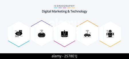 Digital Marketing And Technology 25 Glyph icon pack including technology. signal. laptop. wifi. atou Stock Vector
