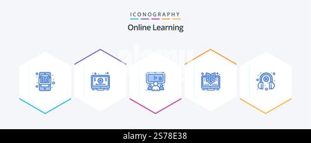 Online Learning 25 Blue icon pack including headphone. online. group. learning. online Stock Vector