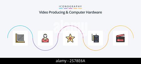 Video Producing And Computer Hardware Line Filled Flat 5 Icon Pack Including clapper. board. girl. action. studio Stock Vector