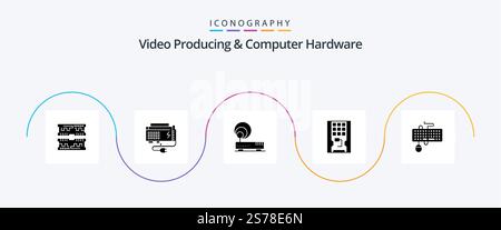 Video Producing And Computer Hardware Glyph 5 Icon Pack Including ssd. hardware. source. drive. network Stock Vector