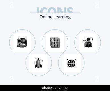 Online Learning Glyph Icon Pack 5 Icon Design. book. learning. business. education. tutorials Stock Vector