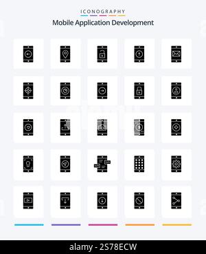 Creative Mobile Application Development 25 Glyph Solid Black icon pack  Such As sent. mobile application. map. mobile. unlock Stock Vector
