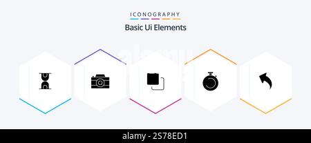 Basic Ui Elements 25 Glyph icon pack including left. watch. media. timer. clock Stock Vector