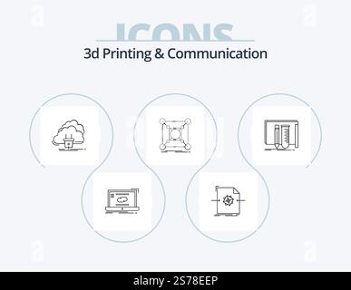 3d Printing And Communication Line Icon Pack 5 Icon Design. file. 3d. settings. web. net Stock Vector