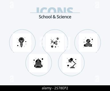 School And Science Glyph Icon Pack 5 Icon Design. read. bulb. science. atom Stock Vector