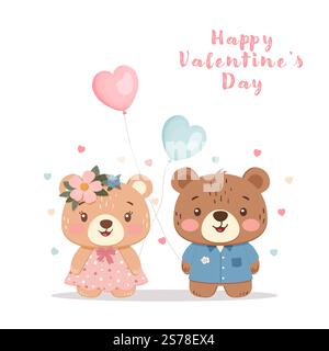 Two cute bears with heart-shaped balloons, surrounded by small scattered hearts. Vector illustration for Valentine’s Day and love-themed designs Stock Vector