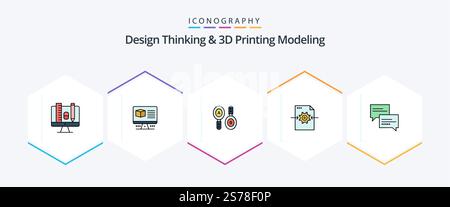 Design Thinking And D Printing Modeling 25 FilledLine icon pack including comment. arrow. research. setting. file Stock Vector