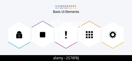 Basic Ui Elements 25 Glyph icon pack including setting. cog. danger. squares. grid Stock Vector