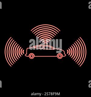 Neon car radio signals sensor smart technology autopilot all direction red color vector illustration image flat style light. Neon car radio signals sensor smart technology autopilot all direction red color vector illustration image flat style Stock Vector