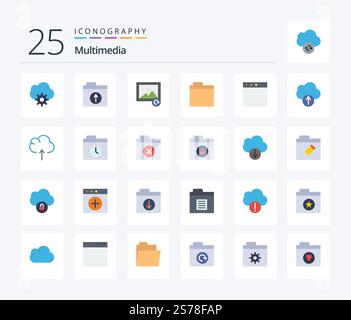 Multimedia 25 Flat Color icon pack including upload. cloud. reload. window. app Stock Vector