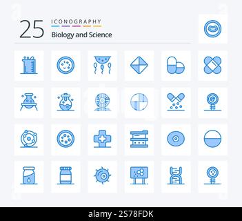 Biology 25 Blue Color icon pack including viagra. pill. laboratory. process. chemistry Stock Vector