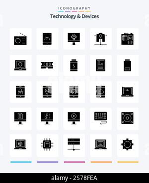 Creative Devices 25 Glyph Solid Black icon pack  Such As shield. laptop. startup. motherboard. computer Stock Vector