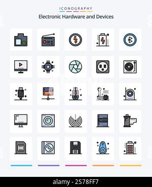 Creative Devices 25 Line FIlled icon pack  Such As bluetooth. devices. technology. charge. power Stock Vector