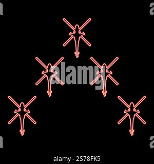 Neon group of combat helicopters military concept chopper in air army red color vector illustration image flat style light. Neon group of combat helicopters military concept chopper in air army red color vector illustration image flat style Stock Vector