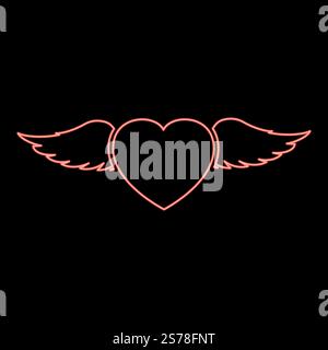 Neon heart with wing red color vector illustration image flat style light. Neon heart with wing red color vector illustration image flat style Stock Vector