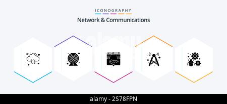Network And Communications 25 Glyph icon pack including network. signal. point. tower. form Stock Vector