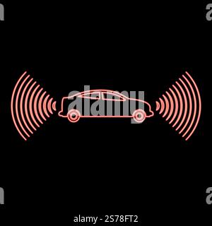 Neon car radio signals sensor smart technology autopilot front and back direction red color vector illustration image flat style light. Neon car radio signals sensor smart technology autopilot front and back direction red color vector illustration image flat style Stock Vector