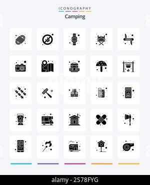 Creative Camping 25 Glyph Solid Black icon pack  Such As army. victorinox. time. knife. camping Stock Vector