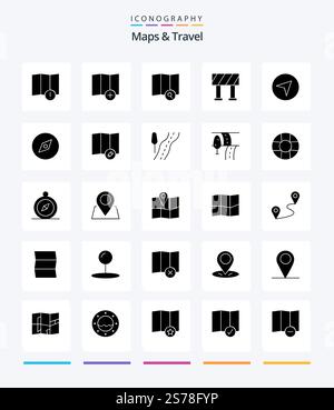 Creative Maps & Travel 25 Glyph Solid Black icon pack  Such As edit. map. search. compass. map Stock Vector