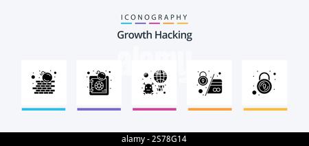 Hacking Glyph 5 Icon Pack Including secure. credit. bug. card. virus. Creative Icons Design Stock Vector