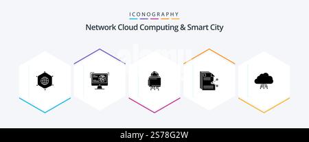 Network Cloud Computing And Smart City 25 Glyph icon pack including files. website. secure. lock Stock Vector