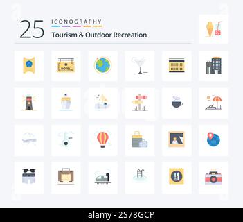 Tourism And Outdoor Recreation 25 Flat Color icon pack including vecation. hotel. globe. drink. glass Stock Vector