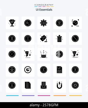 Creative Ui Essentials 25 Glyph Solid Black icon pack  Such As like. favorite. direction. setting. gear Stock Vector