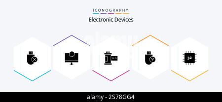 Devices 25 Glyph icon pack including signal. devices. hardware. computers. photo Stock Vector