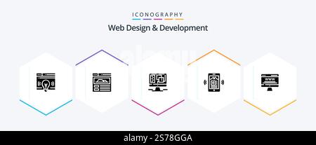 Web Design And Development 25 Glyph icon pack including music. app . mobile . web Stock Vector
