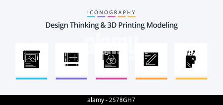 Design Thinking And D Printing Modeling Glyph 5 Icon Pack Including pen . education. brusher. text. browser. Creative Icons Design Stock Vector