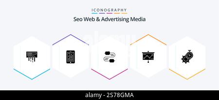 Seo Web And Advertising Media 25 Glyph icon pack including timer. graph. mobile graph. presentation. capacitors Stock Vector