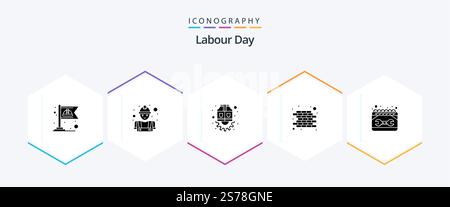 Labour Day 25 Glyph icon pack including maintenance. calendar. jacket. wall. brick Stock Vector