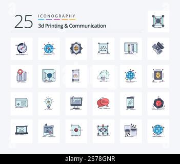 3d Printing And Communication 25 Line Filled icon pack including editing. 3d. network. forming. fabrication Stock Vector