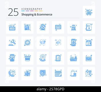 Shopping And Ecommerce 25 Blue Color icon pack including market place. scan. delivery. product. connection Stock Vector
