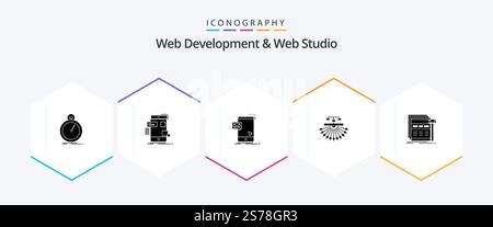 Web Development And Web Studio 25 Glyph icon pack including site. ui. message. instant Stock Vector