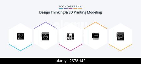Design Thinking And D Printing Modeling 25 Glyph icon pack including wallpaper. education. wireframing. online. mobile Stock Vector
