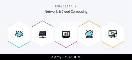 Network And Cloud Computing 25 FilledLine icon pack including mobile. technology. computing. storage. cloud Stock Vector