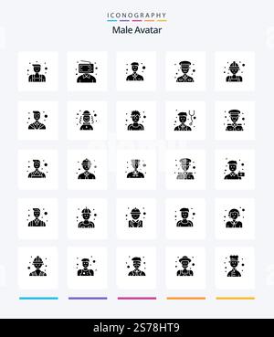 Creative Male Avatar 25 Glyph Solid Black icon pack  Such As worker. labour. business. carpenter. military Stock Vector