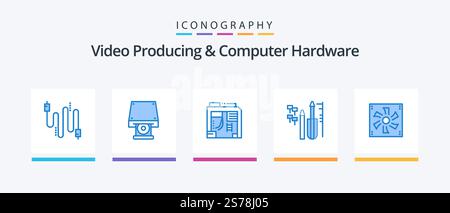 Video Producing And Computer Hardware Blue 5 Icon Pack Including compter. equipment. atx. engineering. reapair. Creative Icons Design Stock Vector
