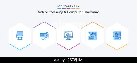 Video Producing And Computer Hardware 25 Blue icon pack including mainboard. computer. source. board. install Stock Vector
