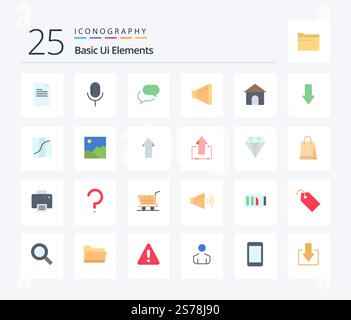 Basic Ui Elements 25 Flat Color icon pack including house. building. chating. volume. sound Stock Vector