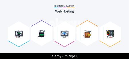 Web Hosting 25 FilledLine icon pack including database. web. web. online. upload Stock Vector