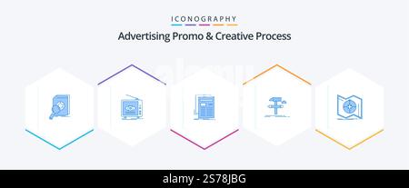 Advertising Promo And Creative Process 25 Blue icon pack including develop. build. television. newspaper. news Stock Vector