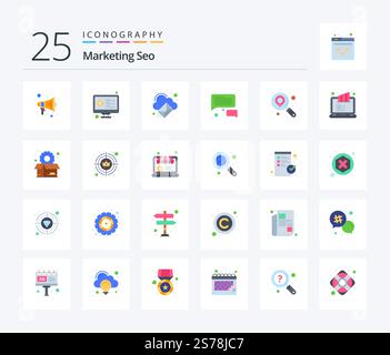 Marketing Seo 25 Flat Color icon pack including location. message. analysis. communication. email Stock Vector
