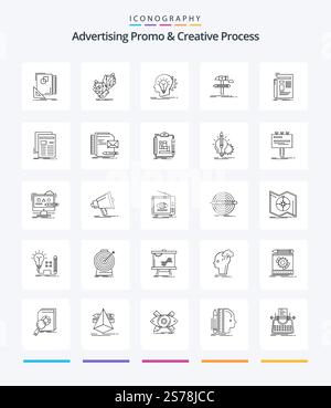 Creative Advertising Promo And Creative Process 25 OutLine icon pack  Such As develop. build. placement. thinking. head Stock Vector